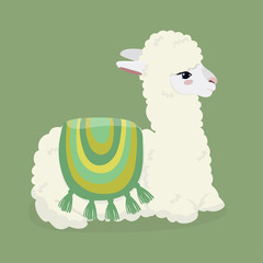 Cute white fluffy alpaca on a green background. Vector image.