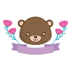 head of cute bear with ribbon and flowers