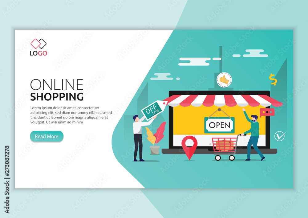 Poster landing page template of online shopping. modern flat design concept of web page design for website 