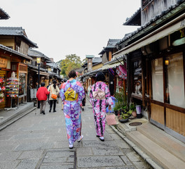 Women wear Japanese kimono on street