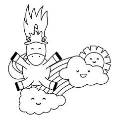 cute unicorn in rainbow with clouds and sun kawaii characters