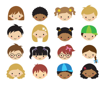 Vector illustration of kid faces. Faces of little kids including boys, girls, white, asians, and African American children.