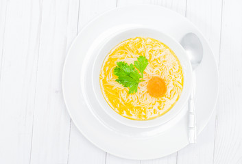 Chicken noodles soup. Homemade chicken broth