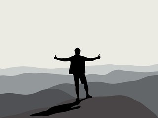 People from behind concept. A successful man is standing on the top of mountain and looking to the scenery of nature