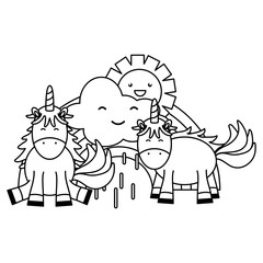 cute unicorns in rainbow with clouds and sun kawaii characters