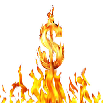 Conceptual image of burning dollar sign isolated on white