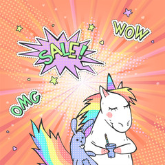Advertising pop art poster with hand drawn magic unicorn in retro comic style. Speech bubble with text SALE! And stickers WOW, OMG.