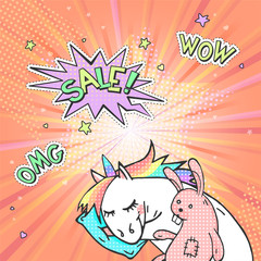 Advertising pop art poster with hand drawn magic unicorn in retro comic style. Speech bubble with text SALE! And stickers WOW, OMG.