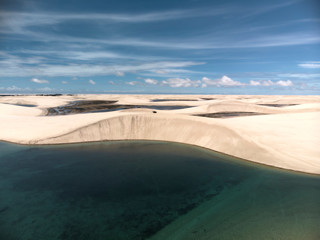 Aerial View of the beach dunes and lagoons of the lençois maranhenses