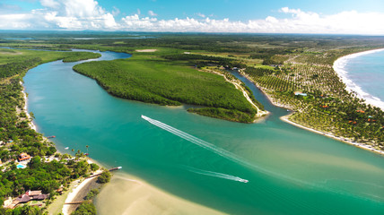 aerial view of the river at boipeba beach