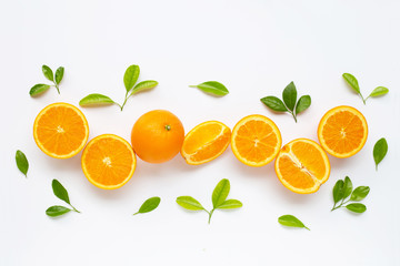 High vitamin C. Fresh orange citrus fruit with leaves isolated on white.