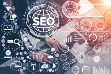 SEO - Search Engine Optimization for Online Marketing Concept. Modern graphic interface showing...