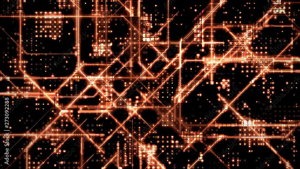 Poster 3d rendering of abstract orange glowing circuit board background with copy space at center for your 