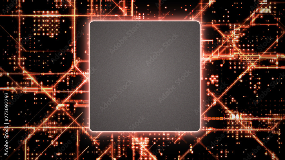 Poster 3d rendering of abstract orange glowing circuit board background with copy space at center for your 