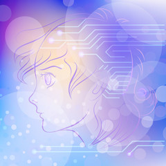 Cute manga style proflie on the pastel blurry glowing background