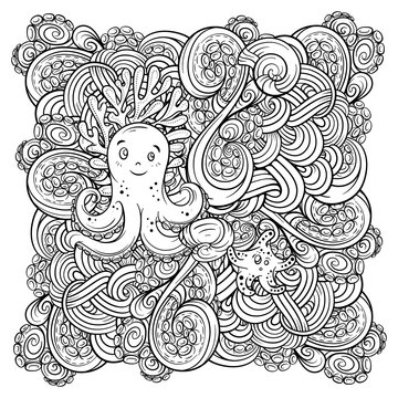 Vector sea creatures doodle background. Adult coloring page with undersea world. Cute octopus and a starfish characters.