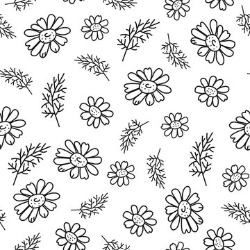 Beautiful seamless pattern of chamomile and leaves on white background