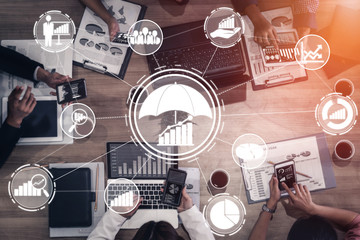 Risk Management and Assessment for Business Investment Concept. Modern graphic interface showing symbols of strategy in risky plan analysis to control unpredictable loss and build financial safety.