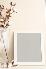 Layout of the frame in gray neutral color. For design or lettering on a light background. Mockup. vertical photo