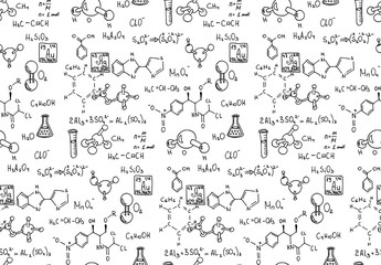 Chemical formula and outlines on whiteboard. Vector seamless pattern. Scientific  and education background.  - obrazy, fototapety, plakaty