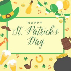 Saint Patrick's Day Background Hand Drawn.Irish music, leprechaun hat, flags, beer mugs, pot of gold coins. Vector -illustration
