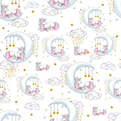 Watercolor handpainted seamless patterns with unicorns, crystals, rainbow, clouds, moon, stars, hearts, flowers, leaves,gold branches and twigs