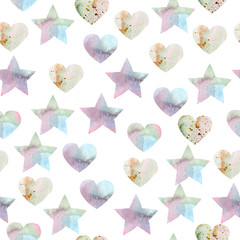 Watercolor handpainted seamless patterns with unicorns, crystals, rainbow, clouds, moon, stars, hearts, flowers, leaves,gold branches and twigs