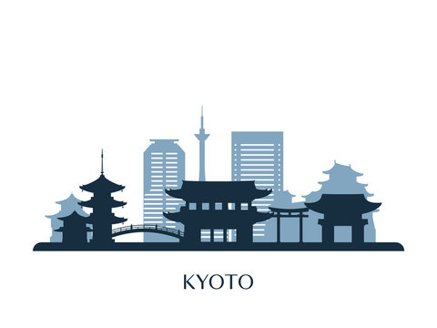 Kyoto skyline, monochrome silhouette. Vector illustration.
