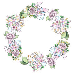 Watercolor handpainted children’s floral wreaths with flowers, leaves,gold branches and twigs