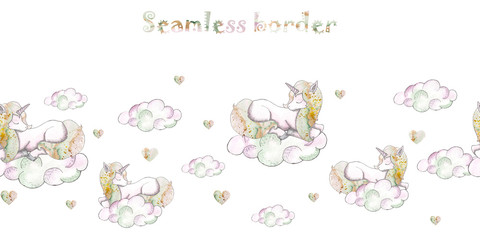 Watercolor handpainted seamless borders with unicorns, crystals, rainbow, clouds, stars, hearts