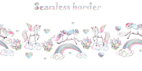 Watercolor handpainted seamless borders with unicorns, crystals, rainbow, clouds, stars, hearts