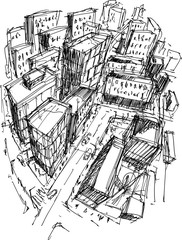 hand drawn architectural sketch of a modern city with high buildings and people in the streets