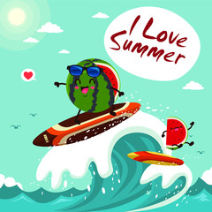 Vintage summer poster design with vector watermelon & sunglasses characters.
