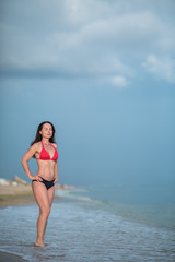 Fototapeta na wymiar a slender brunette in a bikini stands on a sandy beach near the surf whit hands on her waist