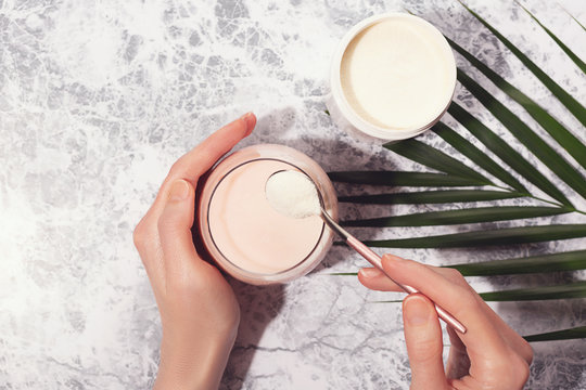 Woman Hands, Collagen Powder And Smoothie.