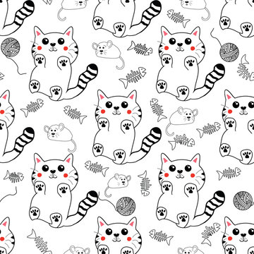 Cute kawaii style  hand drawn  kittens seamless pattern background.