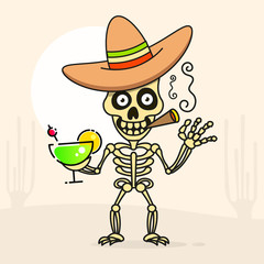 Skull In The Mexican Sombrero Hat. Vector