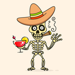 Skull In The Mexican Sombrero Hat. Vector