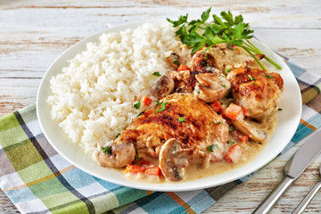 chicken fricassee on a plate with rice