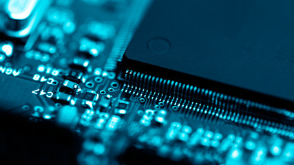 Abstract background of close-up details of electronic cpu chip with colourful  industry icon, concept of modern technology for better life, city and environment conservation.
