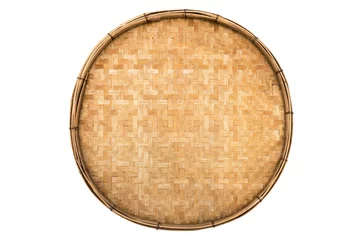 Gordijnen Old weave bamboo wood tray isolated on white background. Bamboo basket handmade isolated © phanasitti