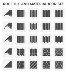 Roof tile or roof sheet icon many shape, texture and pattern i.e. wave, wavy etc. Made from clay, metal, ceramic, terracotta, steel and shingle. For cover rooftop of house. Vector silhouette icon.