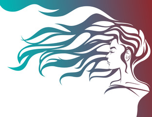 Profile of a girl with long hair. Beautiful wavy hair, gradient, vector