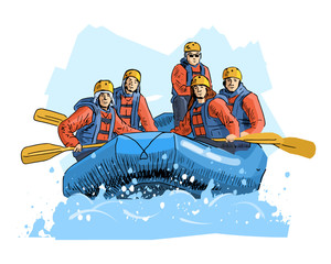 Vector illustration of a rafting team isolated on abstract background. Beautiful sport themed poster. Water sports, summer sports, river rafting, team building activity. - obrazy, fototapety, plakaty