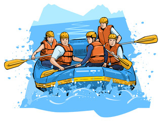 Obraz premium Vector illustration of a rafting team. Beautiful sport themed poster. Water sports, extreme sports, holiday, vacation, team building, river rafting