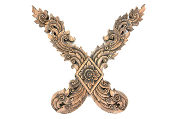 Carving wood Thailand gable house isolated on white background. Roof top Thai wood carving isolated