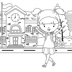 School building and girl cartoon design