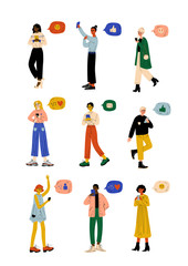 People Chatting Online Using Smartphones Set, Internet Social Network Virtual Communication Vector Illustration