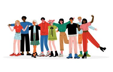 Group of Young People Hugging, Male and Female Friends of Different Nationalities Standing Together Vector Illustration