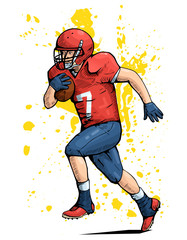 Vector illustration of a rugby player running with the ball. Beautiful sport themed poster. Team sports, american football player. Abstract background